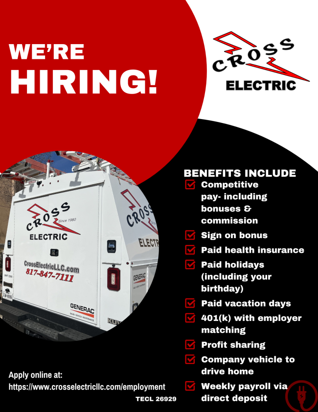 We are hiring! Apply with Cross Electric LLC today!